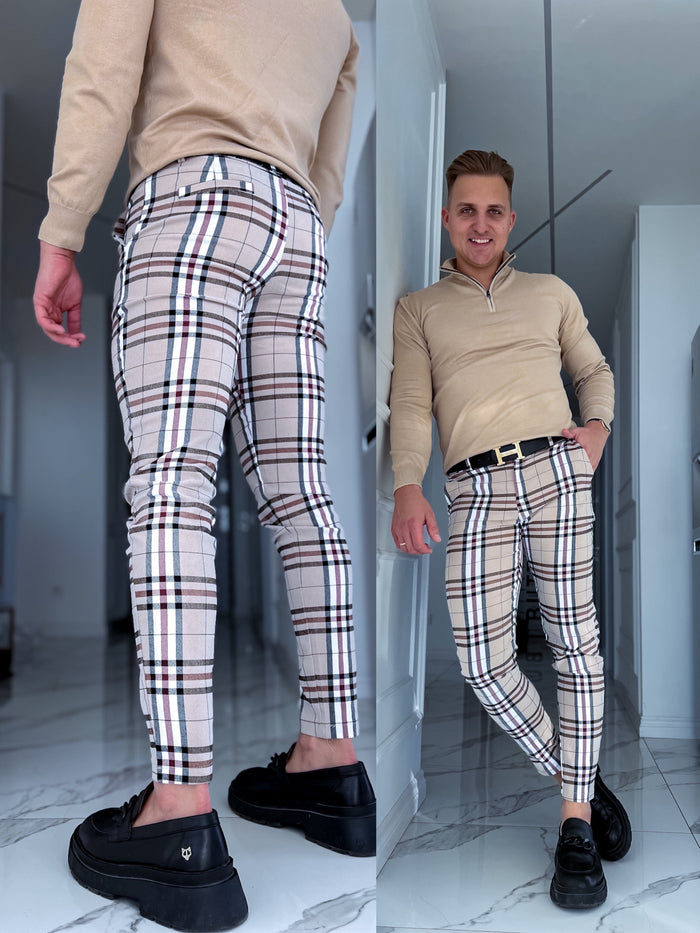 Checked men's pants - beige with white lines
