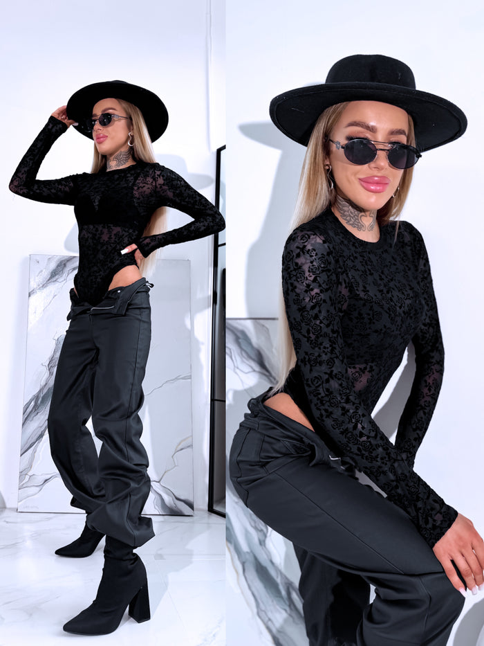 ROSE pattern mesh bodysuit "TO BLOOM HS9735" - BLACK 