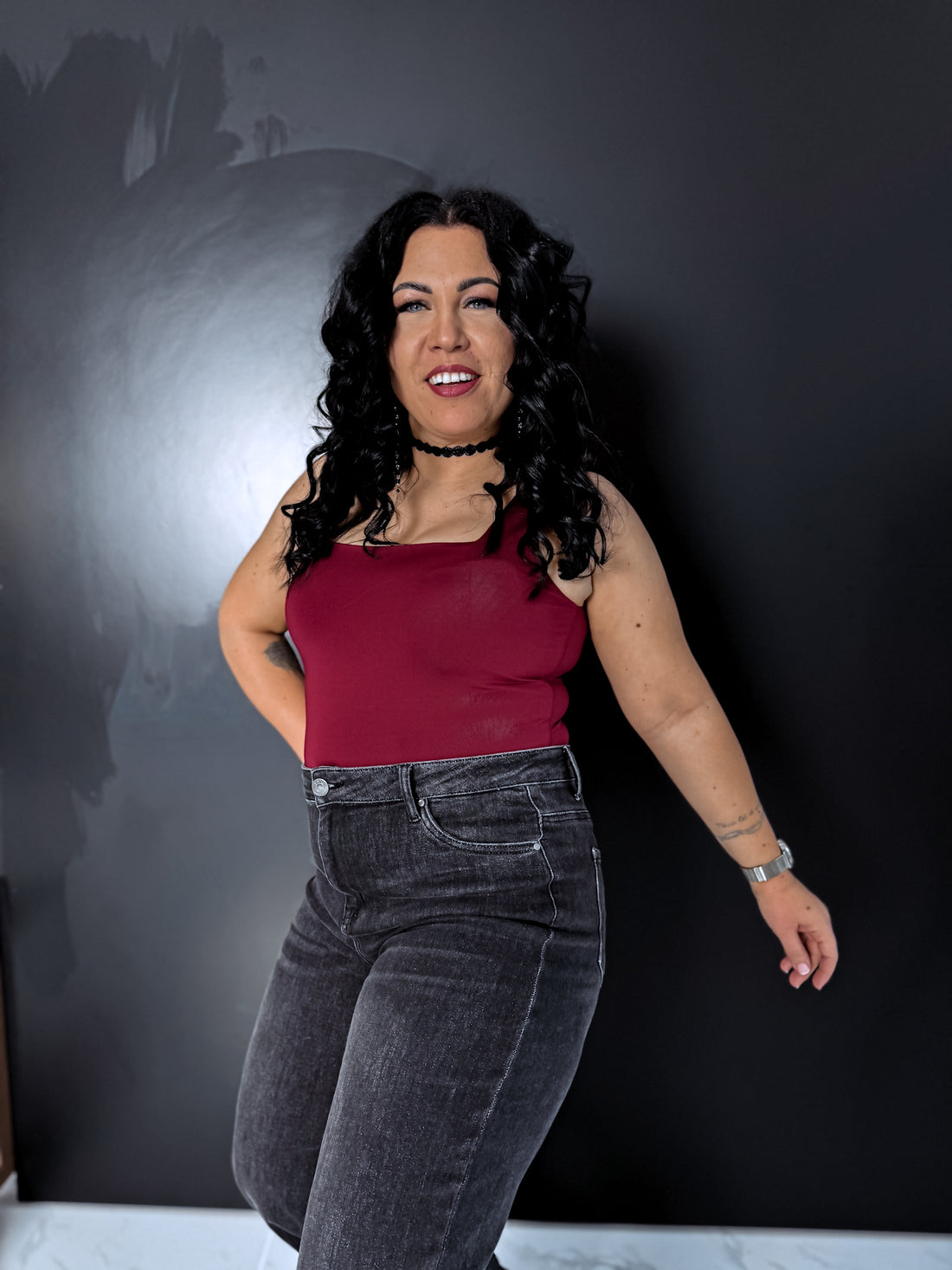 Burgundy basic top with square neckline
