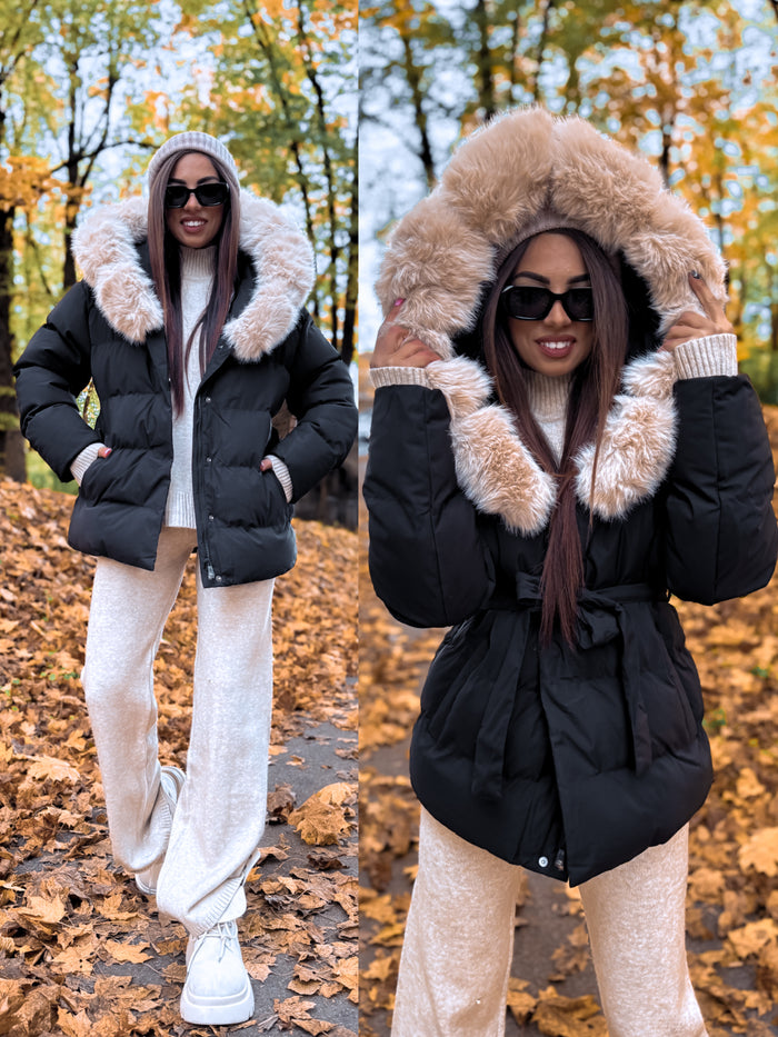 Jacket "Marbella FC7627" - BLACK WITH BEIGE FUR PRE-ORDER