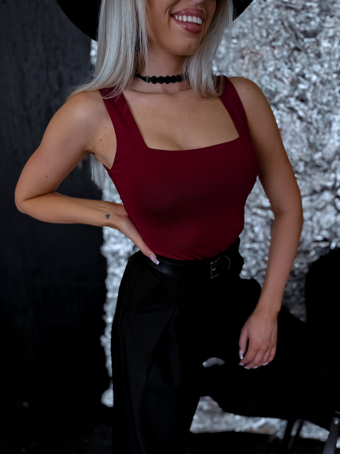 Burgundy basic top with square neckline