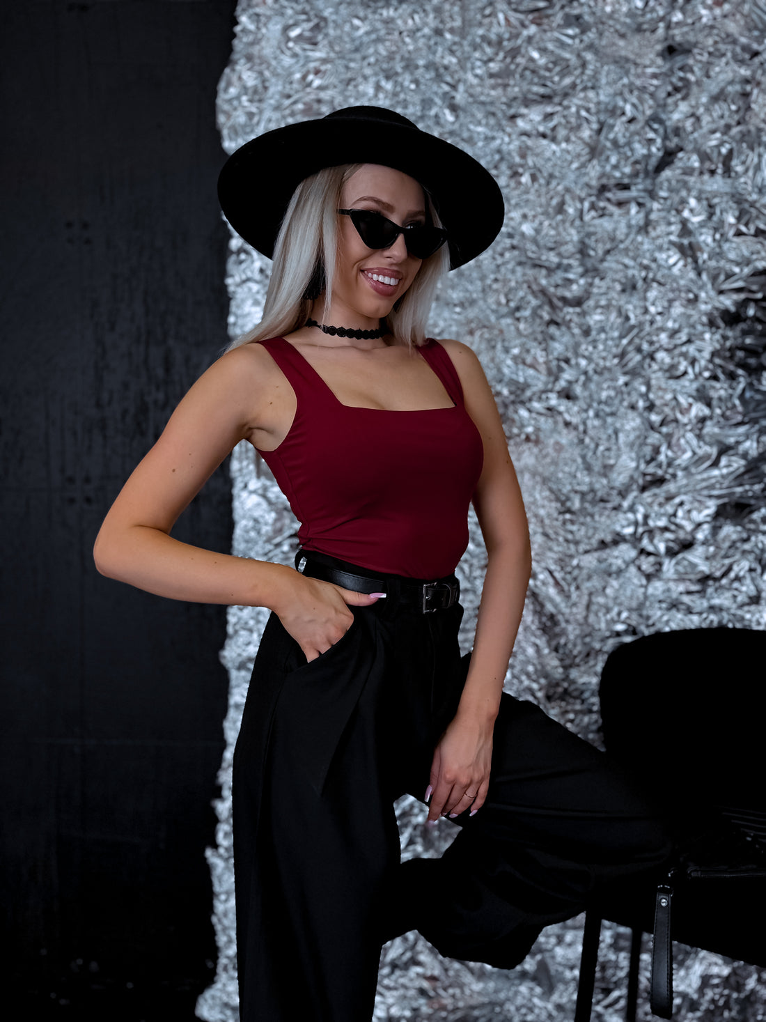 Burgundy basic top with square neckline