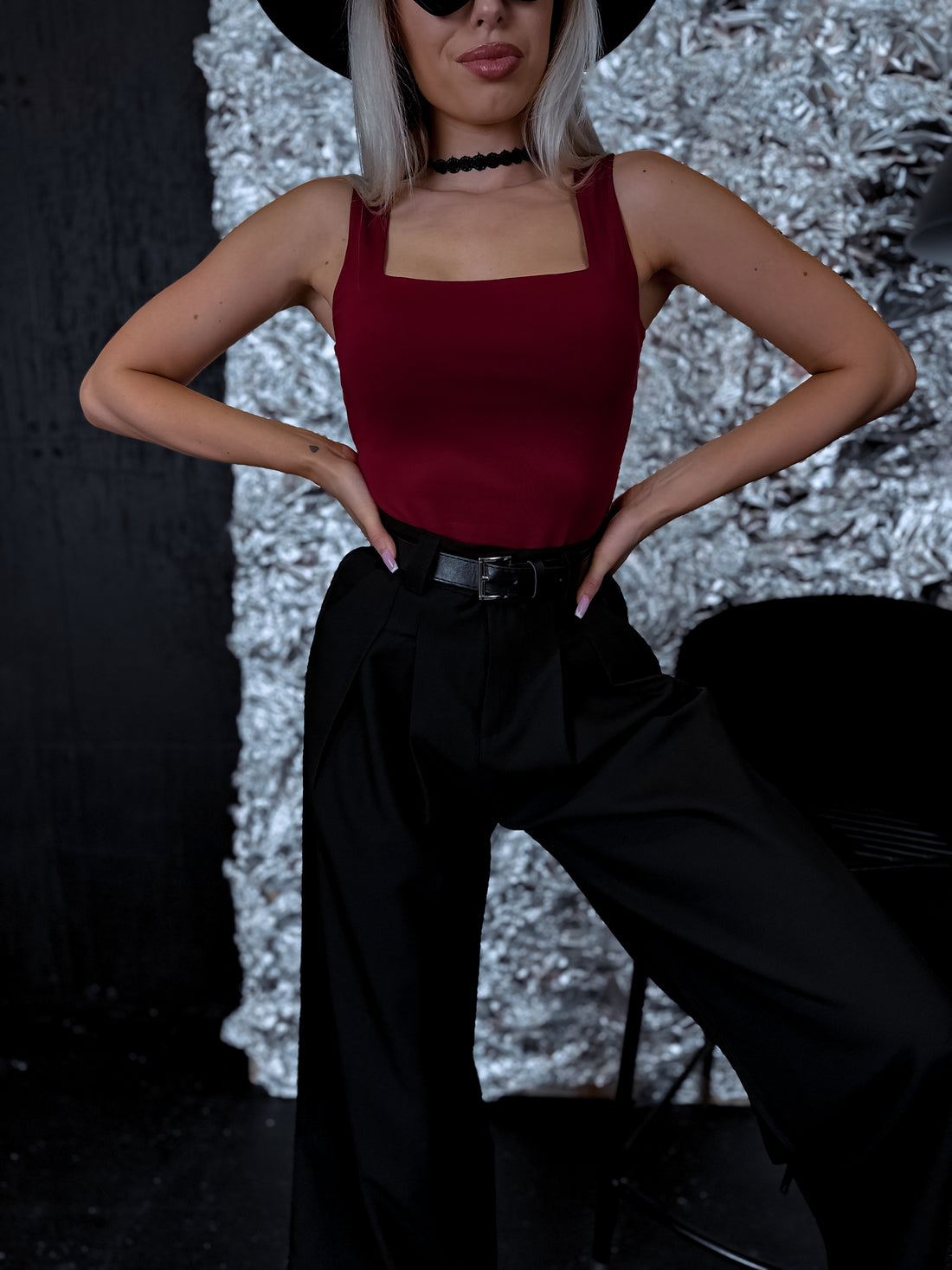 Burgundy basic top with square neckline