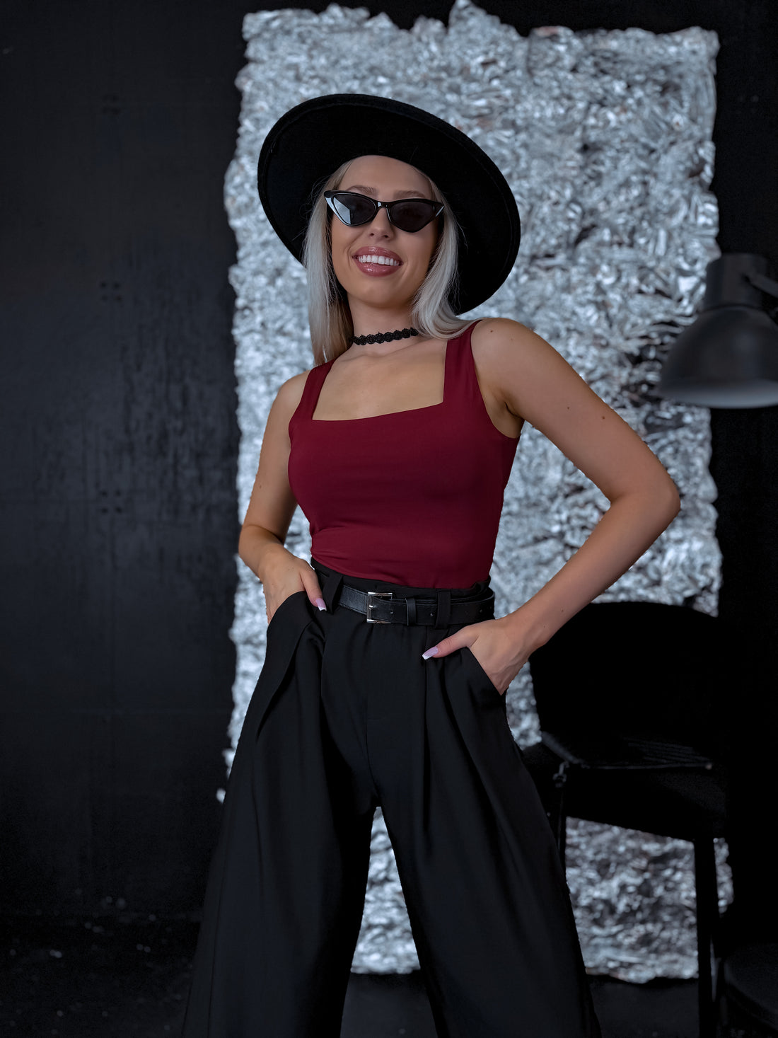 Burgundy basic top with square neckline