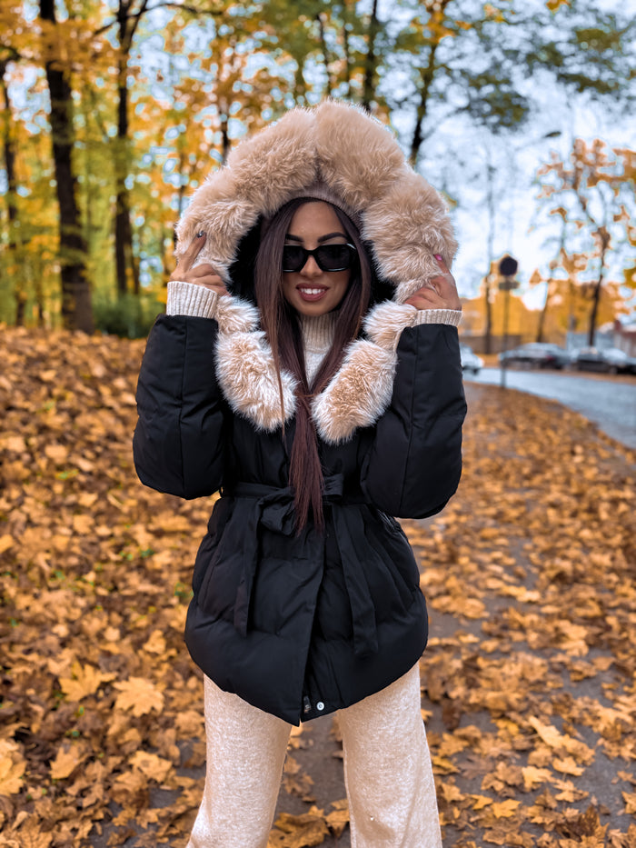 Jacket "Marbella FC7627" - BLACK WITH BEIGE FUR PRE-ORDER