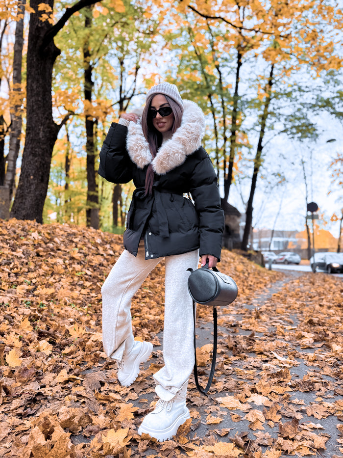 Jacket "Marbella FC7627" - BLACK WITH BEIGE FUR PRE-ORDER