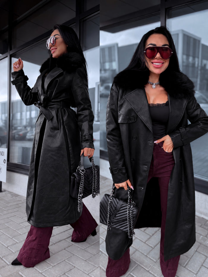 "NORTHERN CV2217" faux leather trench coat - BLACK