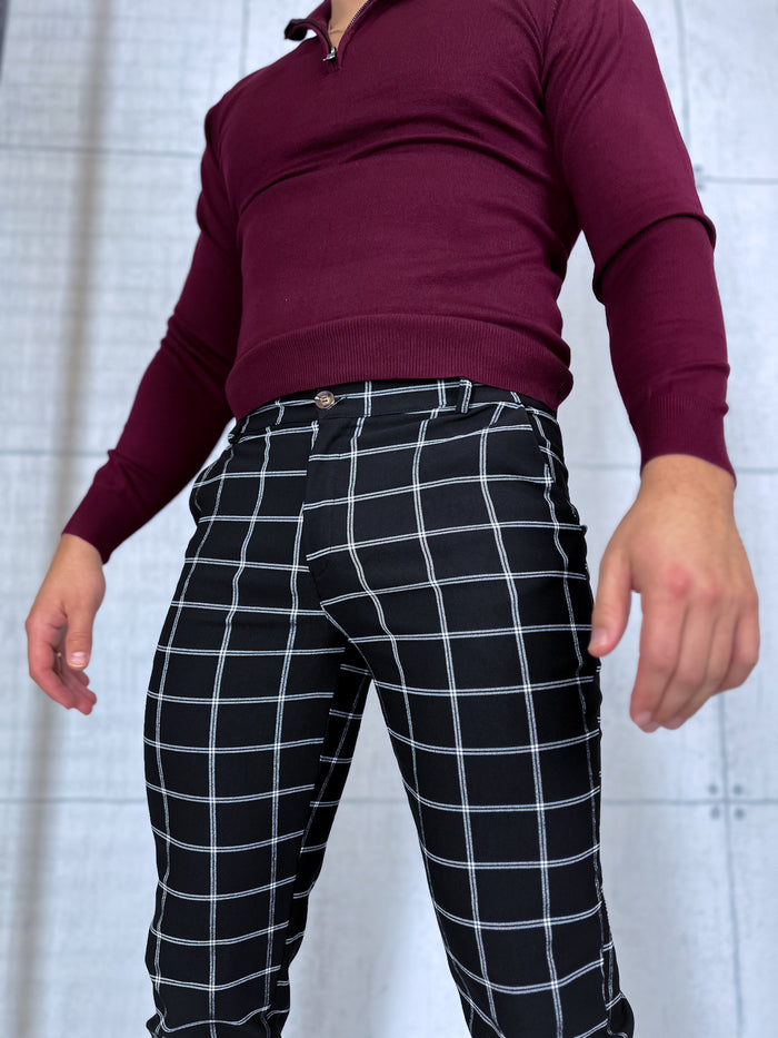 Men's pants with fine check pattern - black with white 65-3