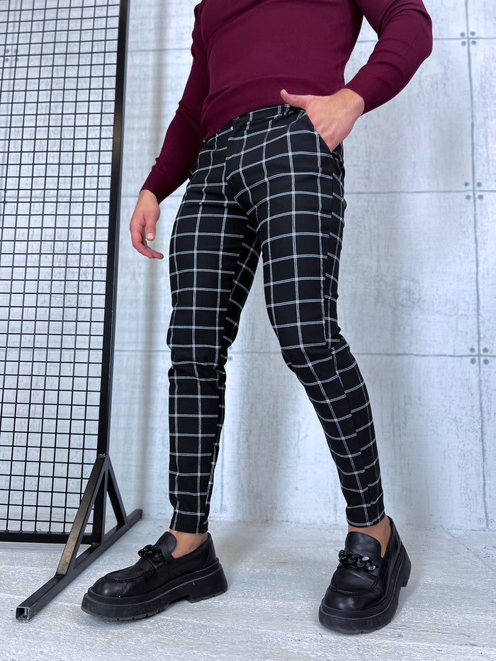Men's pants with fine check pattern - black with white 65-3