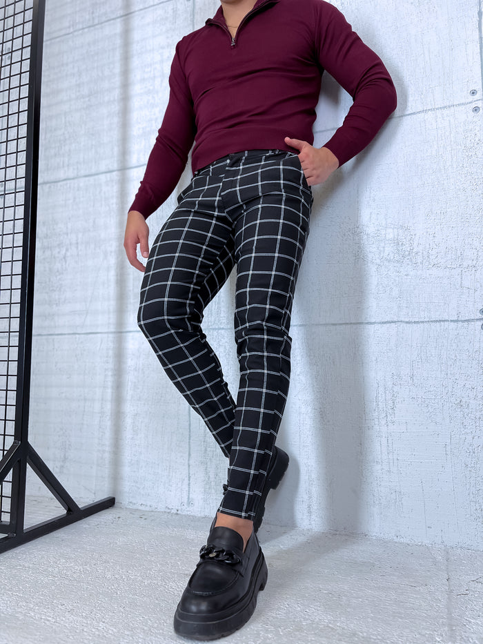 Men's pants with fine check pattern - black with white 65-3