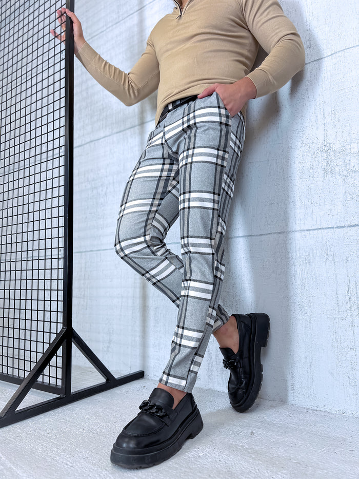 Checked men's pants - gray with beige lines