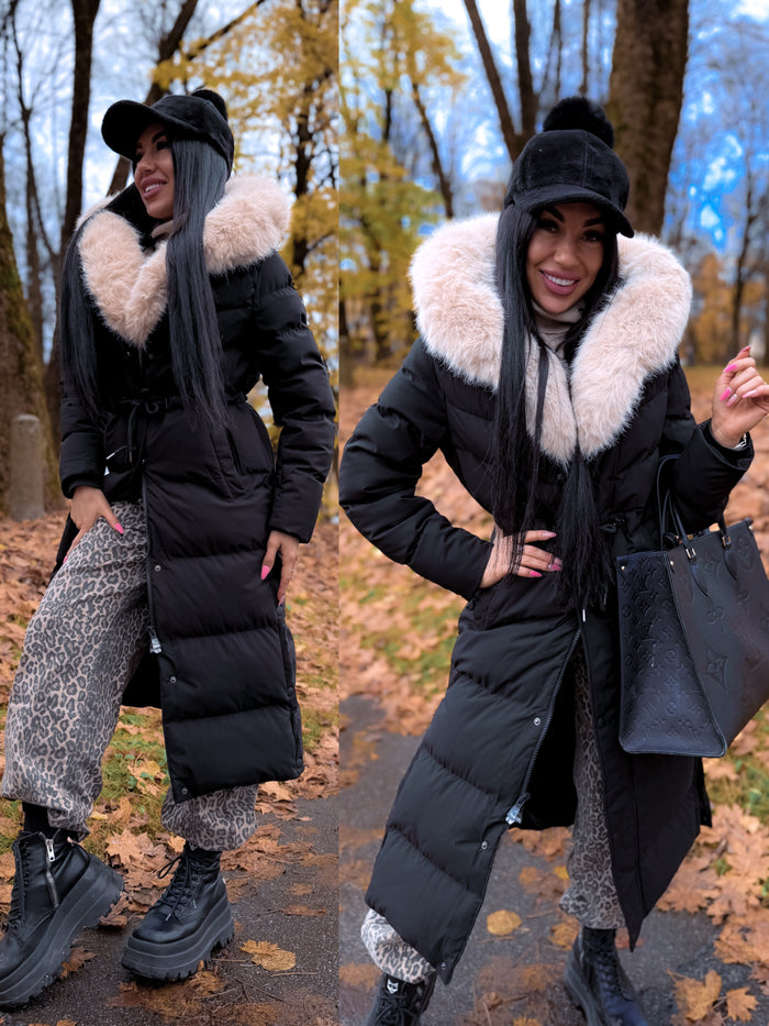 Ilgas paltas "WINTER WEAR FC83" - JUODAS SU SMĖLIO SPALVA