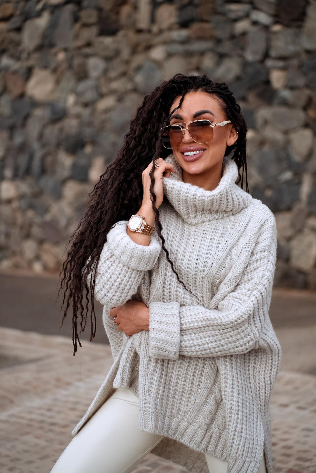 ELYNDI longline wool jumper – light beige