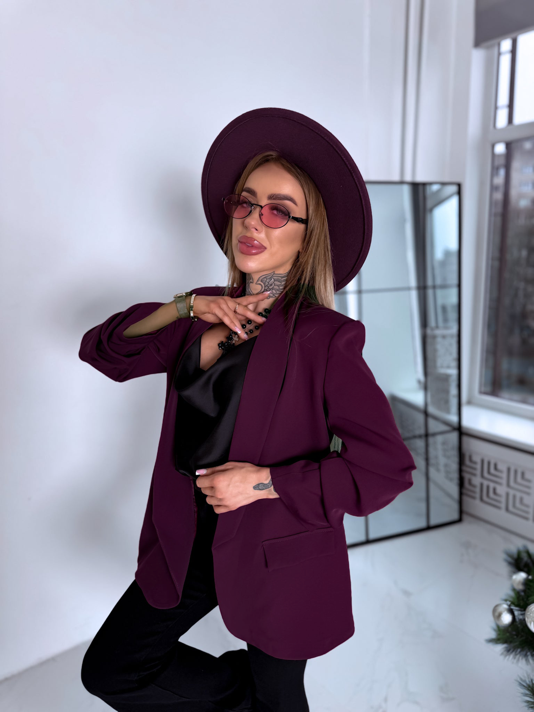 Eggplant purple ONE SIZE blazer + black top PRE-ORDER