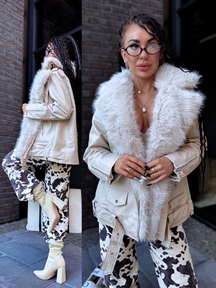 Light beige jacket with beige fur trim "LUX FUR" CV2125 PRE-ORDER