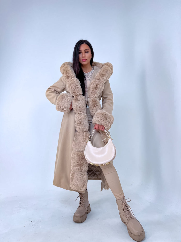 Coat with sewn-in fur squares - caramel brown