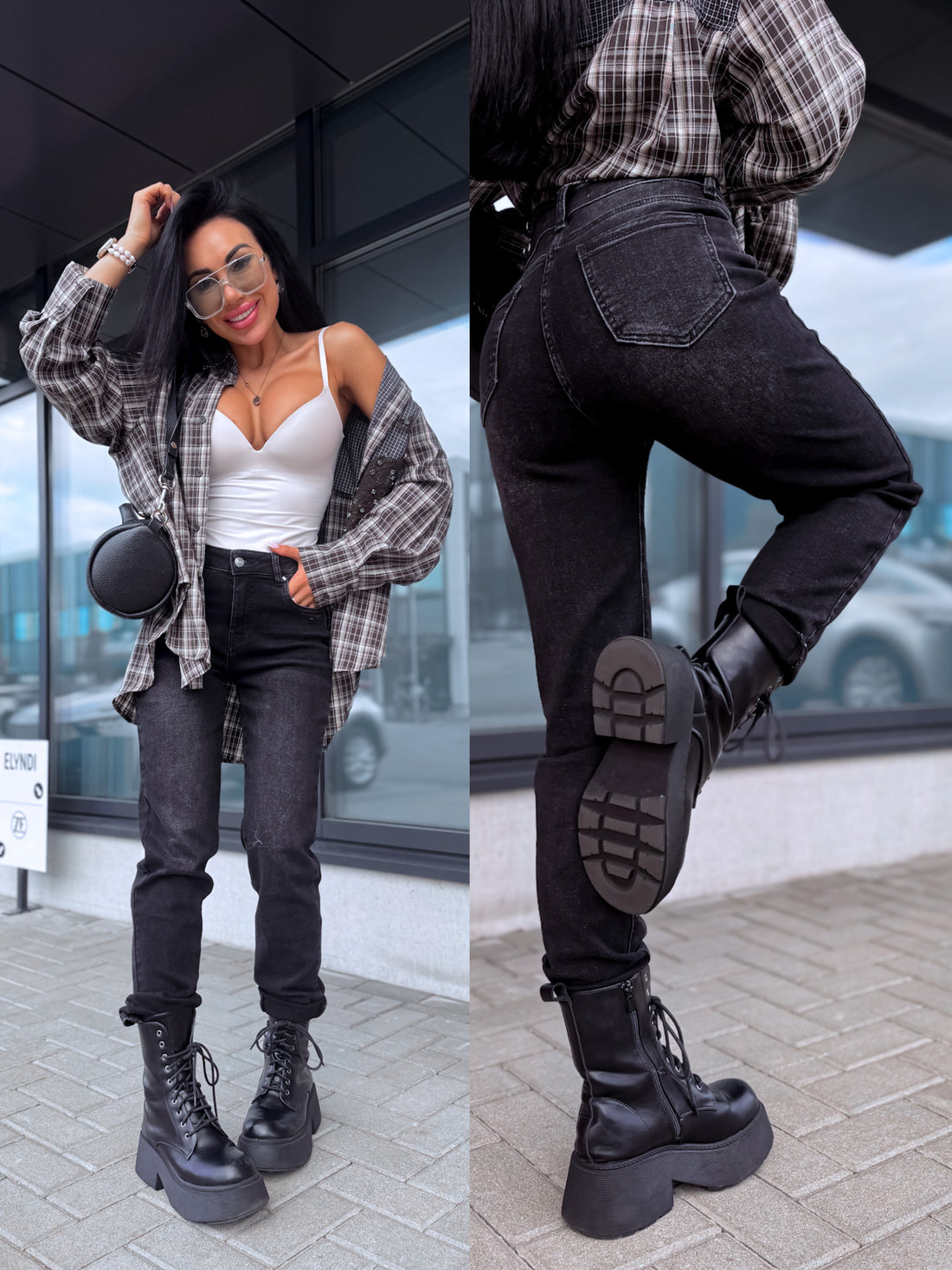Джинсы MOM FIT «THROWBACK» HM329-8 – ГРАФИТОВО-СЕРЫЕ ПРЕДЗАКАЗ