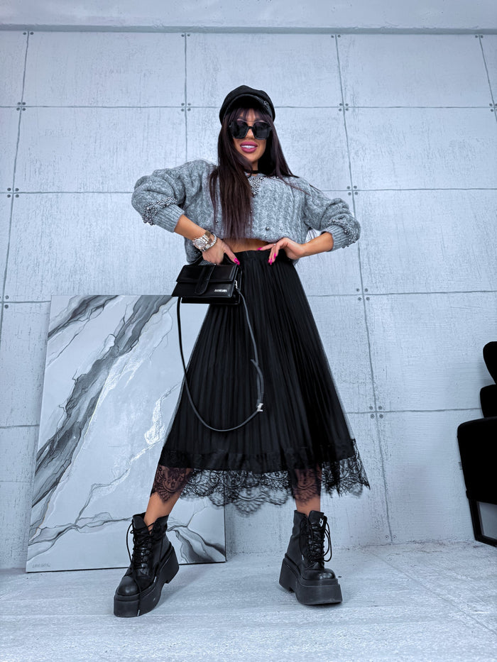 DOUBLE-SIDED, RUFFLED skirt with black tulle - BLACK 