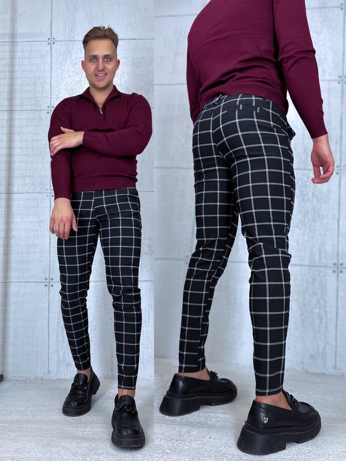 Men's pants with fine check pattern - black with white 65-3