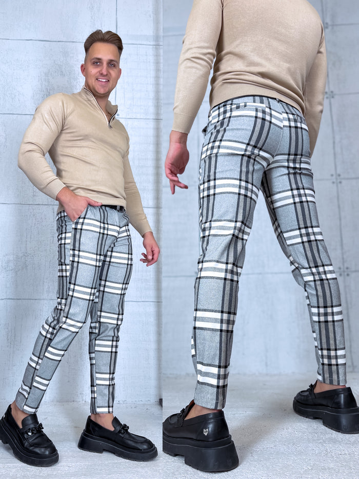 Checked men's pants - gray with beige lines