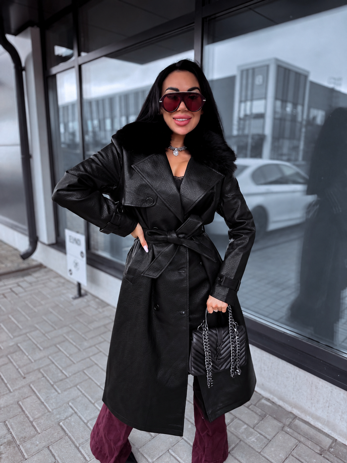 "NORTHERN CV2217" faux leather trench coat - BLACK
