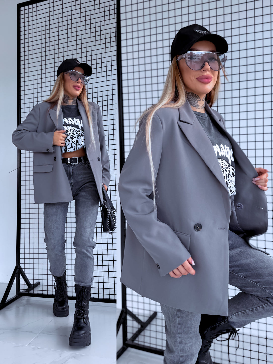 Oversize jacket with black sleeve buttons - gray 