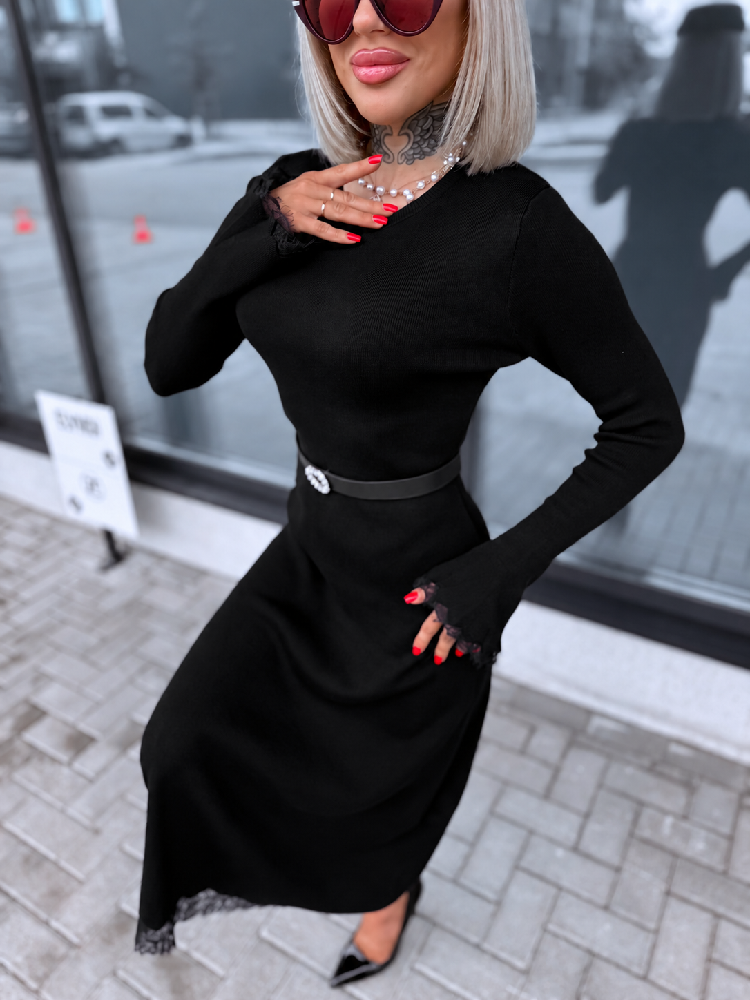 Dress "TEMPORARY" + belt 5458 - BLACK