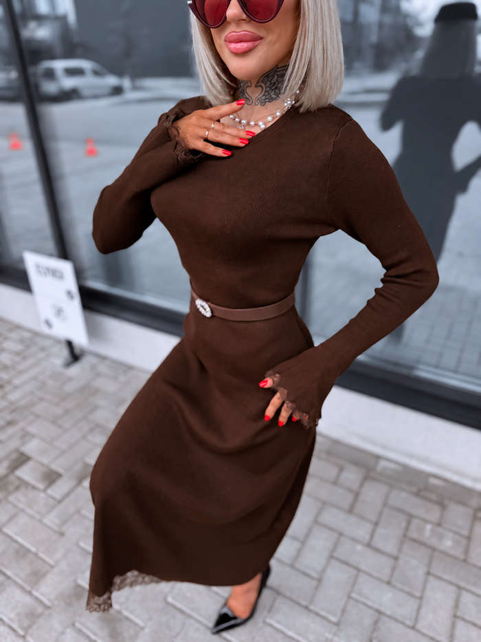 Dress "TEMPORARY" + belt 5458 - CHOCO