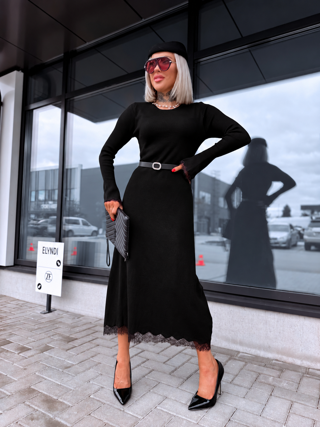 Dress "TEMPORARY" + belt 5458 - BLACK