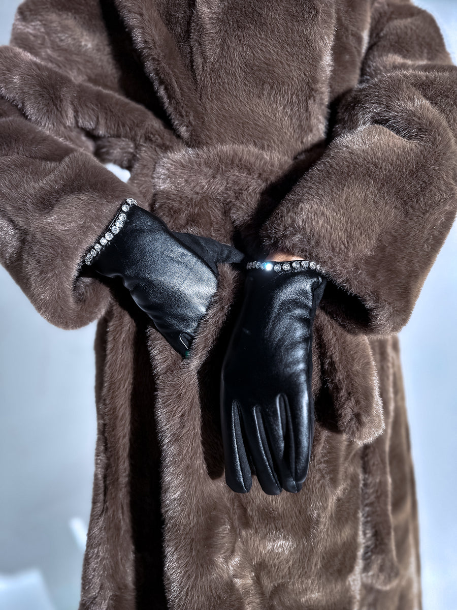 BLACK gloves with imitation leather insert "CLASSY CRYSTAL" ELYNDI