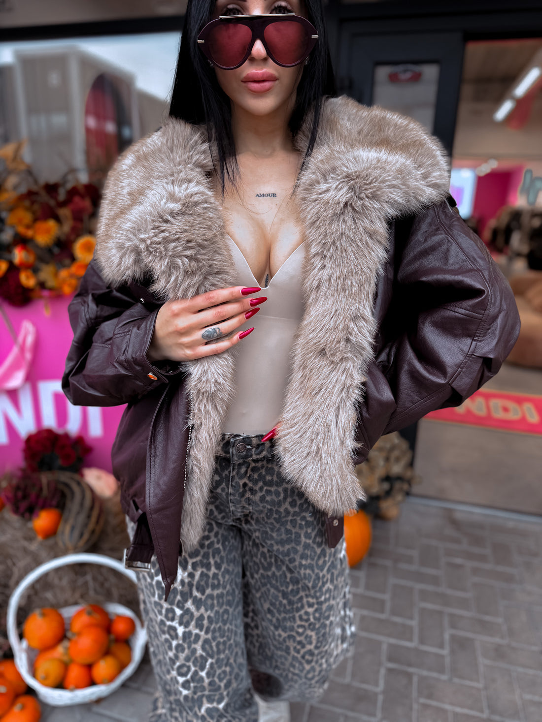 "SIMPLY YOURS 202318" faux leather jacket - CHOCO WITH BEIGE