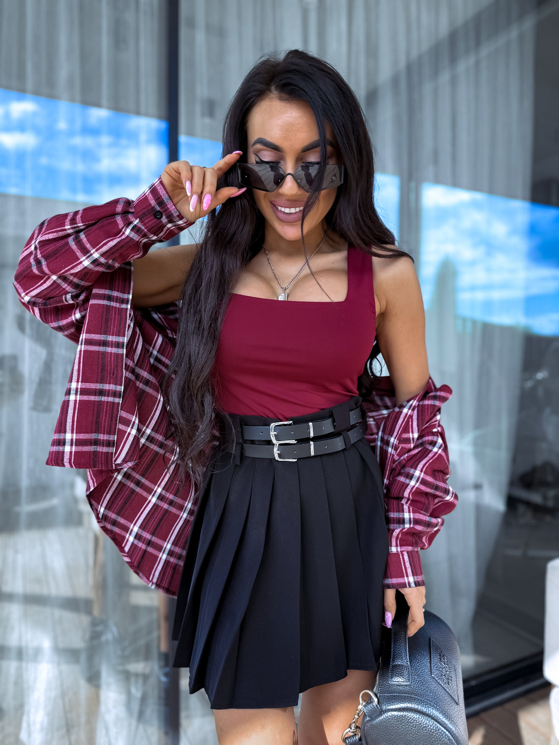 Burgundy basic top with square neckline