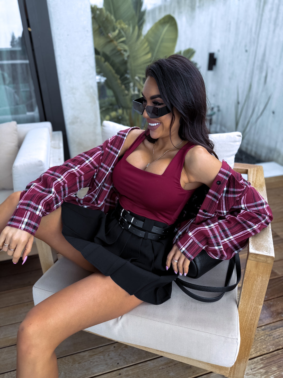 Burgundy basic top with square neckline