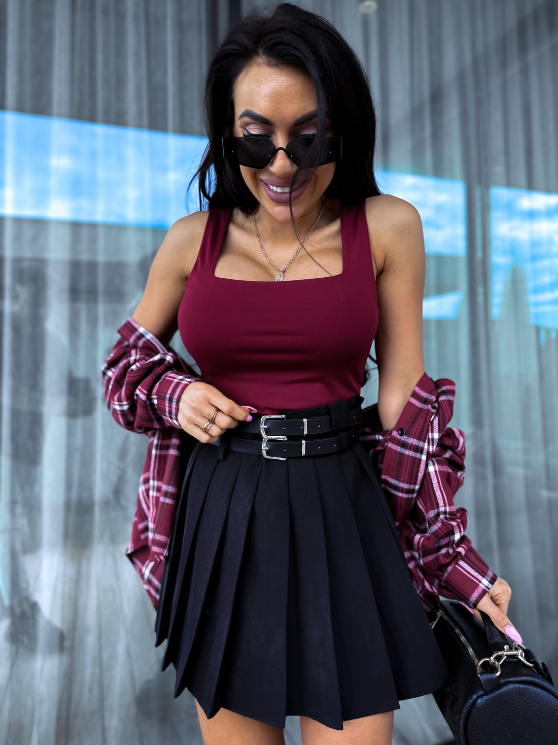 Burgundy basic top with square neckline