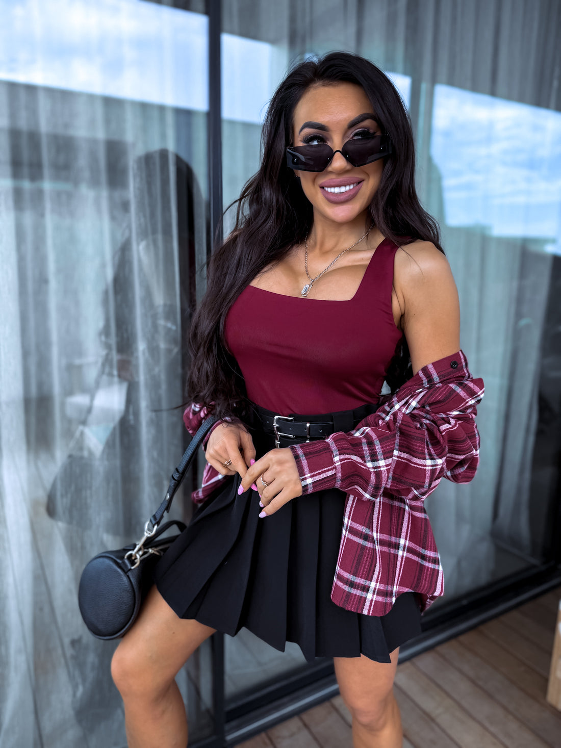 Burgundy basic top with square neckline