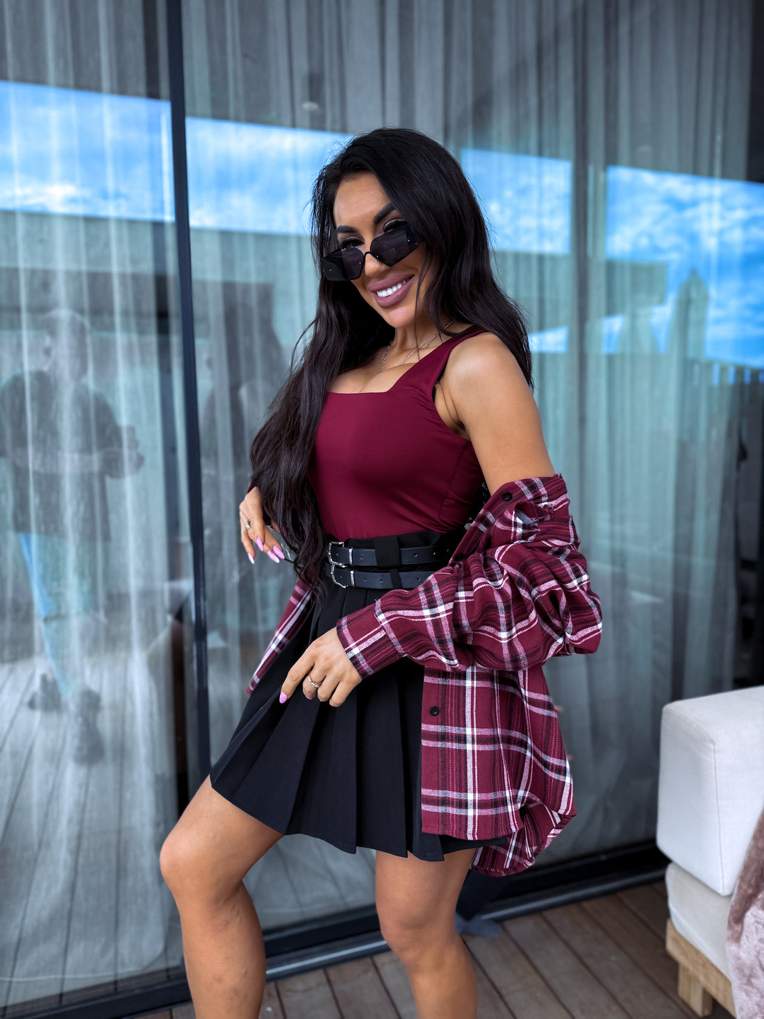 Burgundy basic top with square neckline
