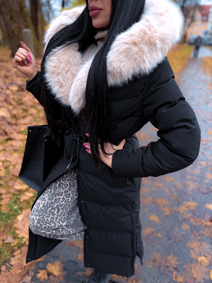 Ilgas paltas "WINTER WEAR FC83" - JUODAS SU SMĖLIO SPALVA