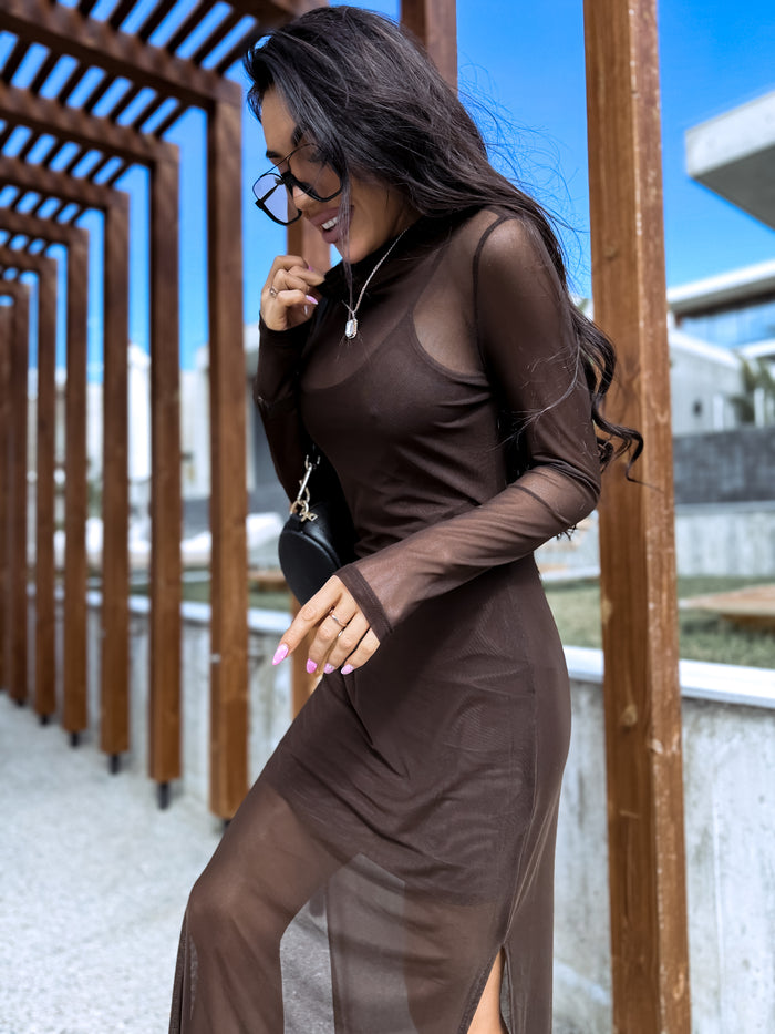Long Sleeve Mesh Dress + Slip Dress - CHOCO 