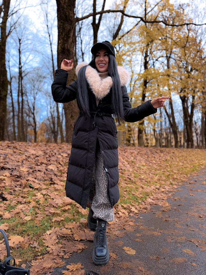 Ilgas paltas "WINTER WEAR FC83" - JUODAS SU SMĖLIO SPALVA