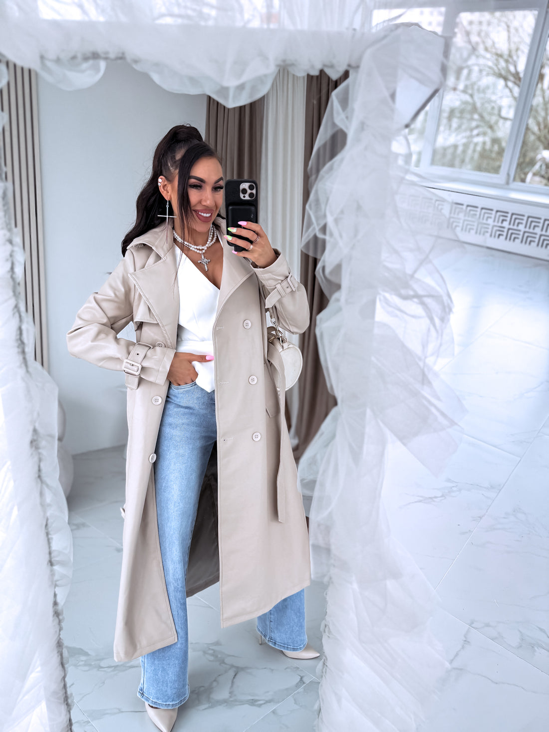 BEIGE, leather imitation trench "POWER" FL08 