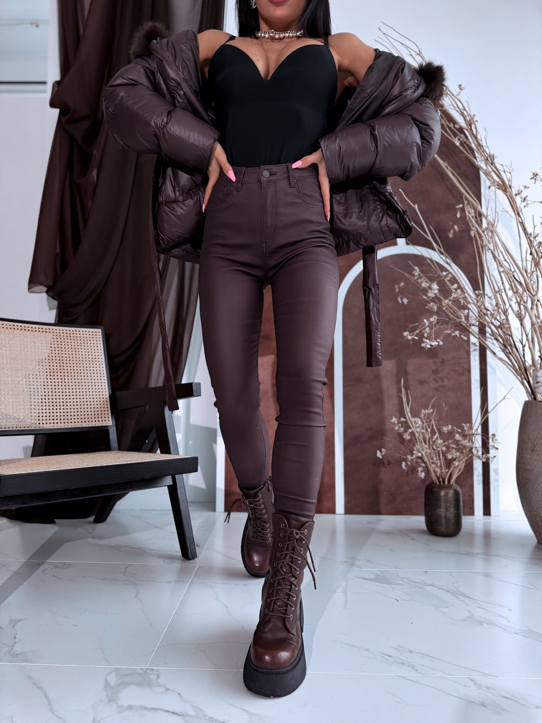 Odos imitacijos kelnės "THE 80'S SKINNY" SHW7309 - CHOCO