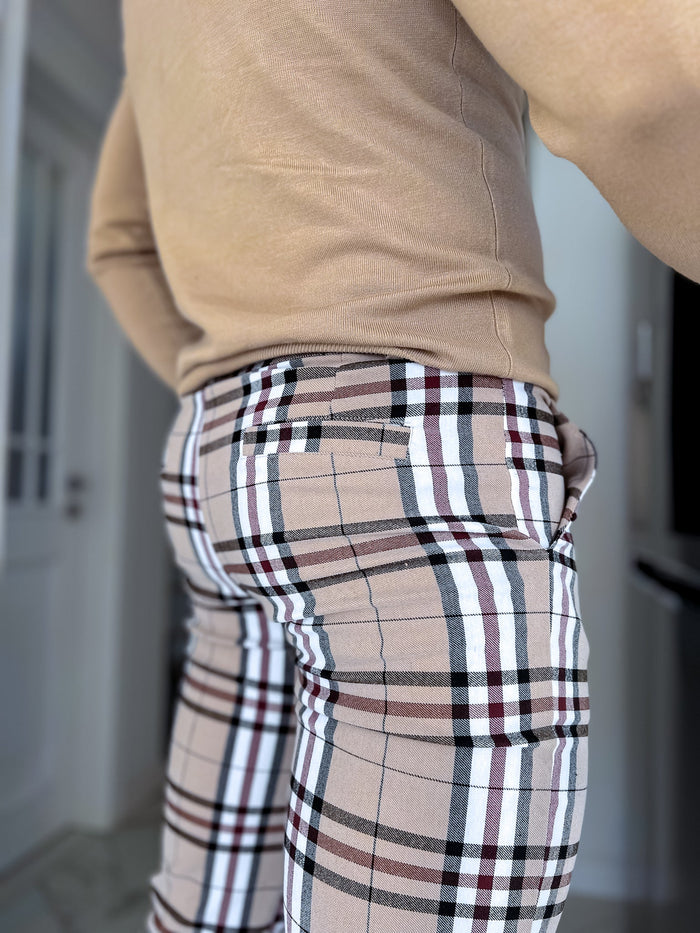 Checked men's pants - beige with white lines