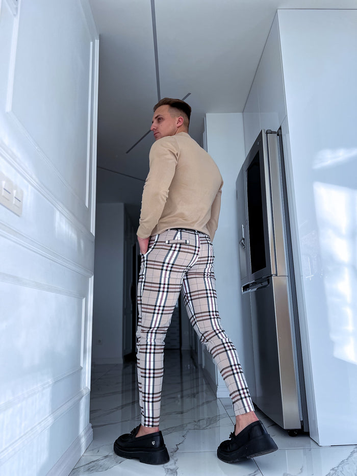 Checked men's pants - beige with white lines