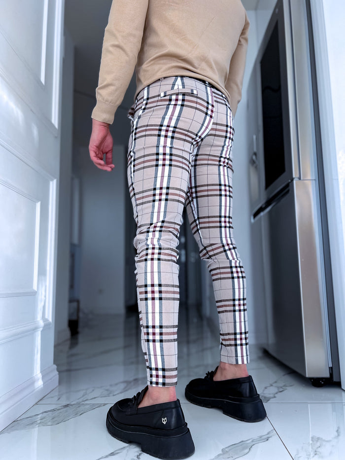 Checked men's pants - beige with white lines