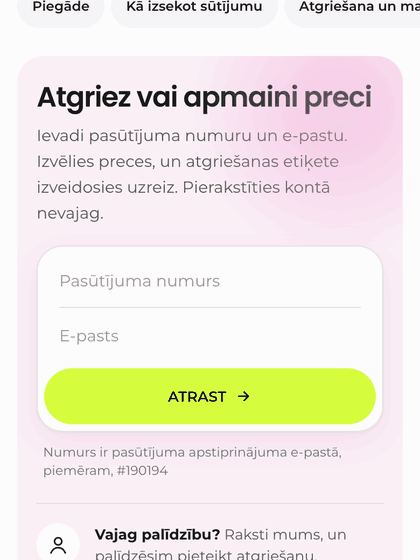 Atgriešana: atrodi pasūtījumu