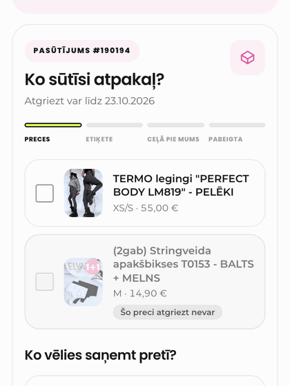 Atgriešana: atzīmē preci un iemeslu