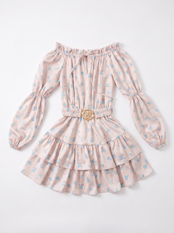 "SPRING BEAUTY" shorts suit + belt - beige with blue