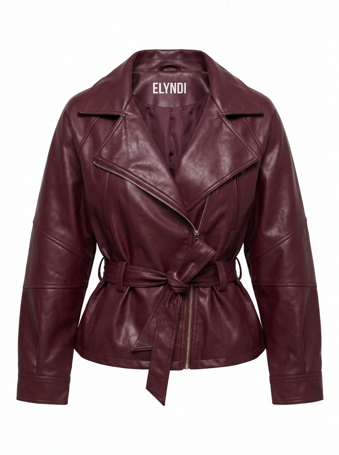 Dirbtinės odos striukė "WAIST ACCENT" S-6253 - BORDO